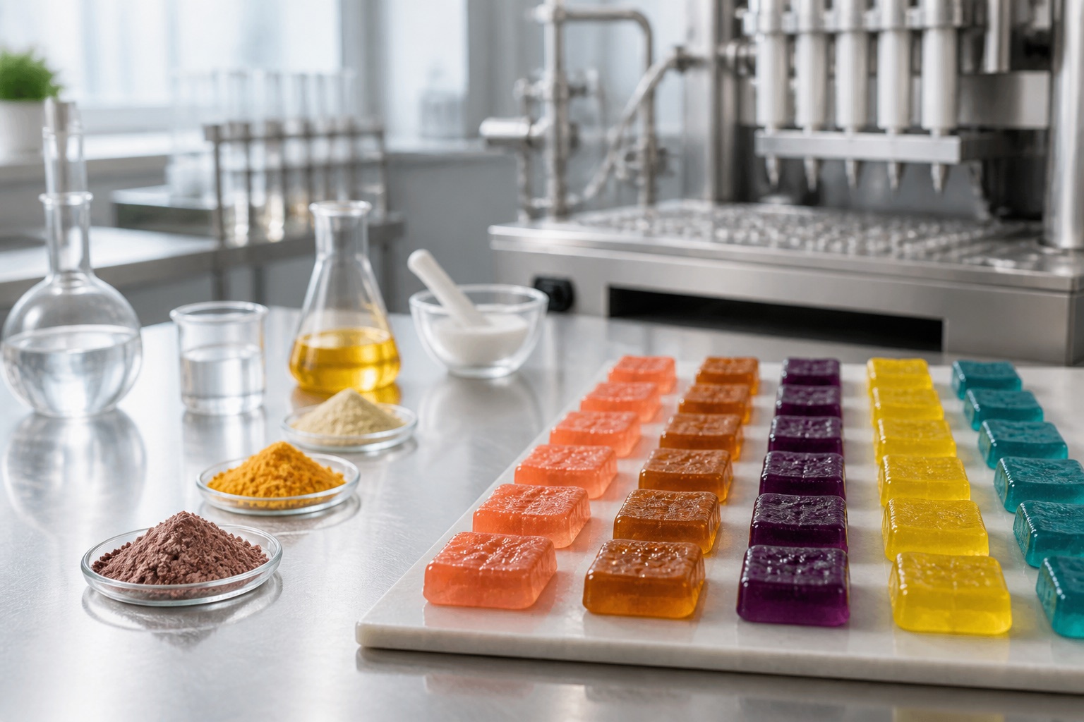 Renkli vitaminli gummy prototipleri, aktif bileşenler ve pilot üretim ekipmanı