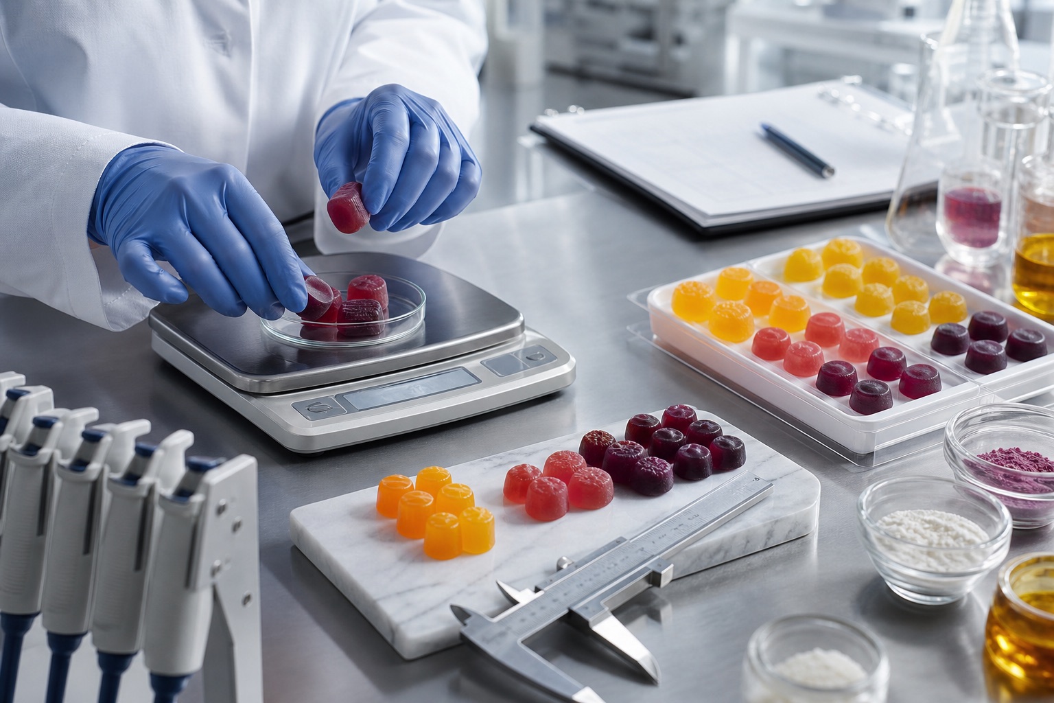 Gummy Ar-Ge çalışmasında prototiplerin tartılması ve ölçülmesi